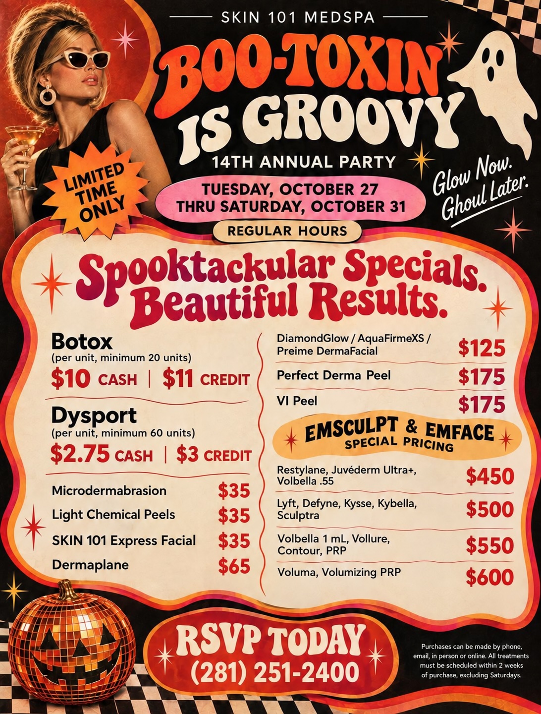 SKIN 101 MedSpa Boo-Toxin 14th Annual Party flyer, October 27 to 31, with Botox, Dysport, filler, and facial specials in Spring, TX