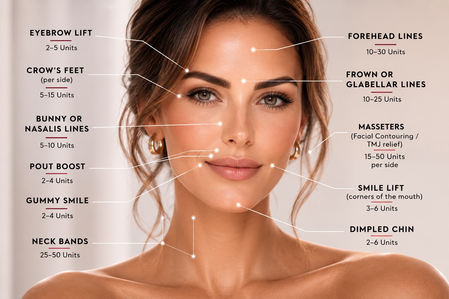 Diagram of Botox treatment areas on the face, Spring TX
