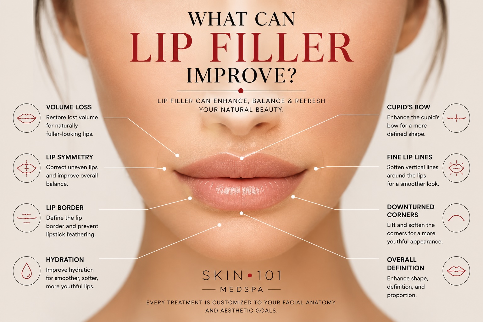 Infographic showing what lip filler can improve, Spring TX