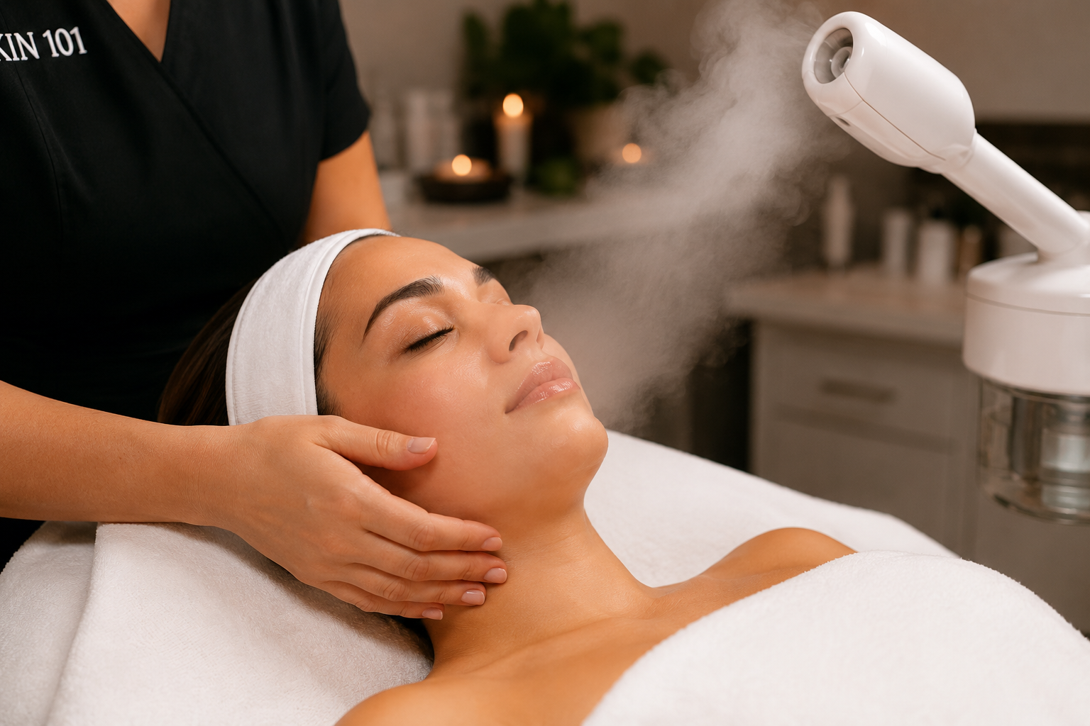 Facial treatment with steamer at SKIN 101 MedSpa in Spring, TX