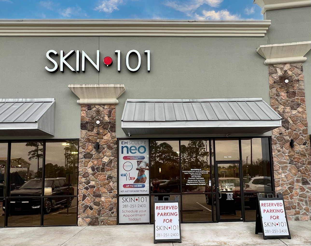 SKIN 101 MedSpa storefront at 9305 Spring Cypress Rd., Spring, TX